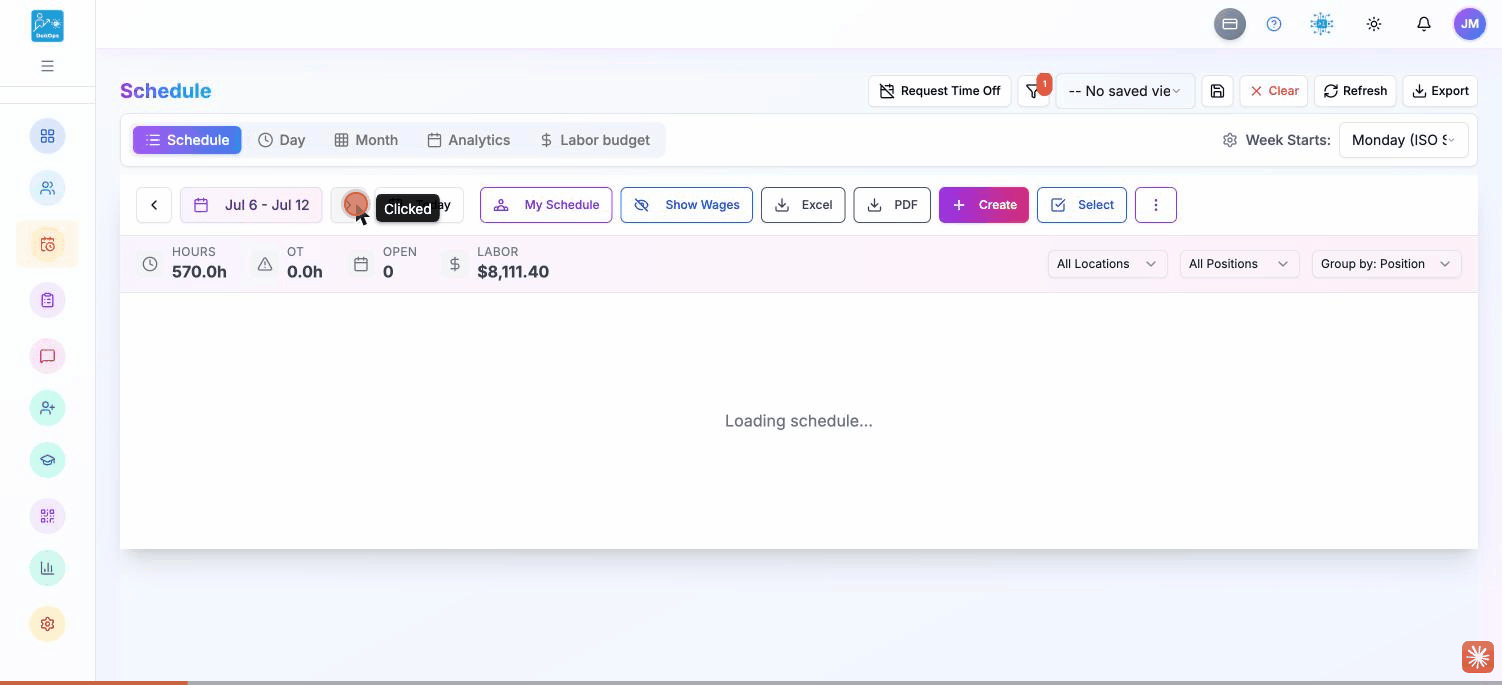 DohOps smart scheduling workspace showing weekly shift coverage, hours, and labor budget